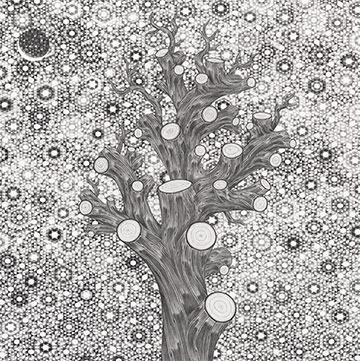 black and white artwork depicting a tree with all branches trimmed and a frenetic circular motif filling the rest of the space around the trunk